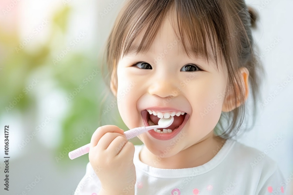 A cheerful child brushes her teeth, promoting dental hygiene and healthy habits in a bright and playful environment. A cheerful child brushes her teeth, promoting dental hygiene and healthy habits in a bright and playful environment.