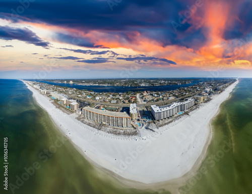 Panoramic aerial view of Fort Walton Beach at sunset, Florida photo