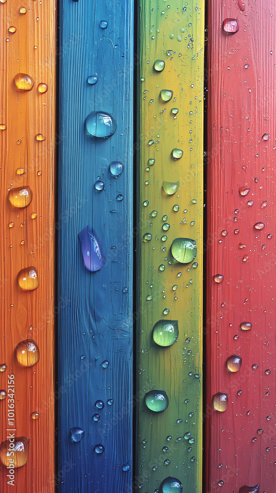 Fototapeta premium Raindrops on rainbow-colored wood planks