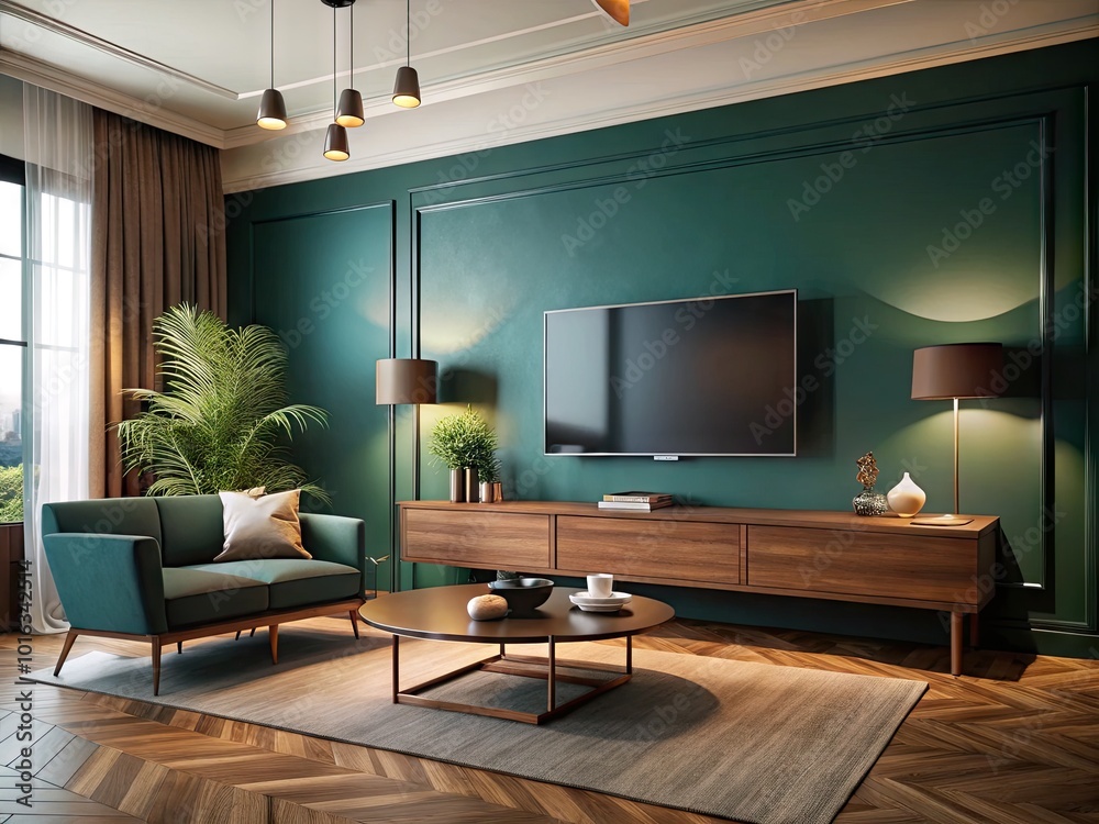 Modern TV Room Interior Mockup with Desk and Dark Teal Wall - 3D Rendering Design Modern TV Room Interior Mockup with Desk and Dark Teal Wall - 3D Rendering Design