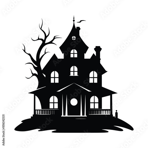 Wallpaper Mural Spooky Haunted House Silhouette with Bare Trees and Fence - Halloween Vector Illustration Torontodigital.ca