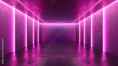 Futuristic hallway with vibrant pink neon lighting