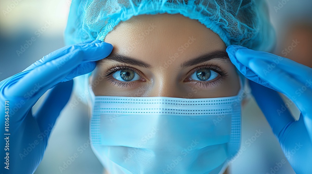 Close-up portrait of a female medical professional wearing a surgical mask and gloves Close-up portrait of a female medical professional wearing a surgical mask and gloves