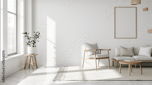 Scandinavian-style living room with wooden furniture and potted plant