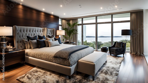 master bedroom design featuring high end furniture wooden floors and modern carpet