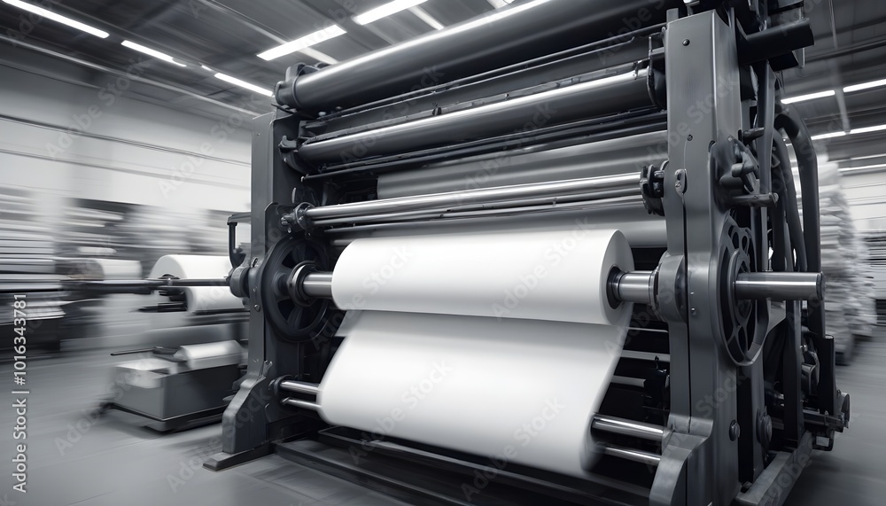 A large industrial printing press with rolls of white paper moving through it, creating a blurred motion effect A large industrial printing press with rolls of white paper moving through it, creating a blurred motion effect