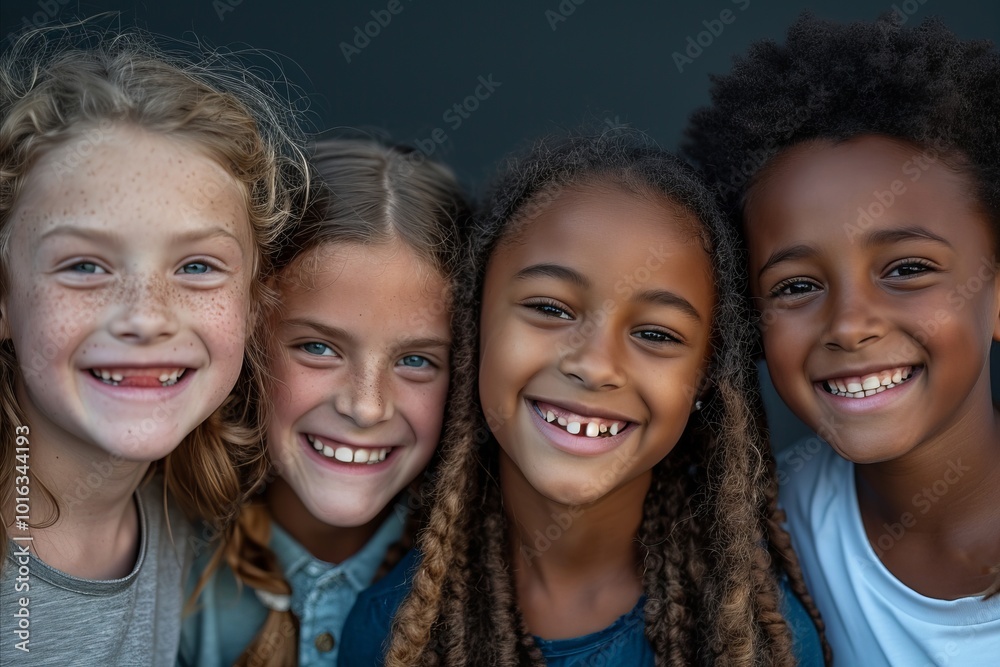 Group of diverse children smiling and looking at the camera in a studio Group of diverse children smiling and looking at the camera in a studio