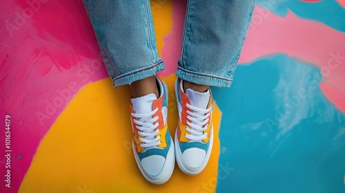 90s inspired chunky sneakers and retro denim on a vibrant background photo