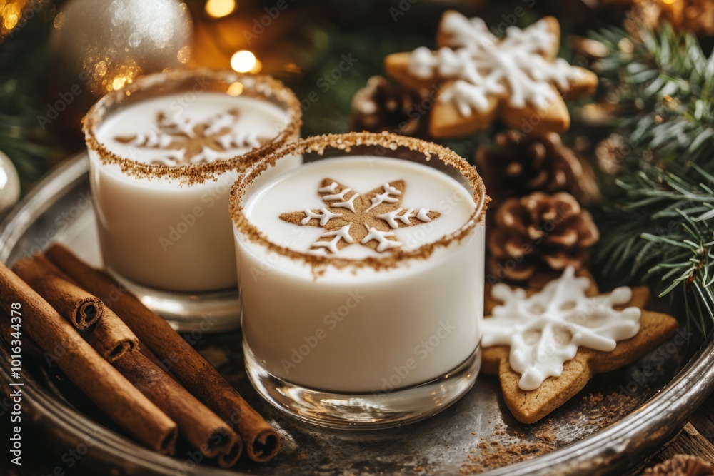 Traditional Christmas drink eggnog in glasses with cinnamon and Cookies. Delicious Holiday Drinks. Christmas milk cocktail with spices. Place for text. Egg Nog in festive mugs. Cozy winter beverage