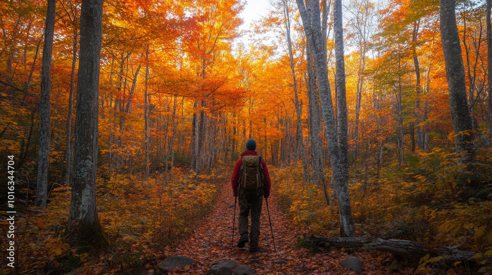 A hiker walks through an autumnal forest, surrounded by vibrant fall foliage. A hiker walks through an autumnal forest, surrounded by vibrant fall foliage.