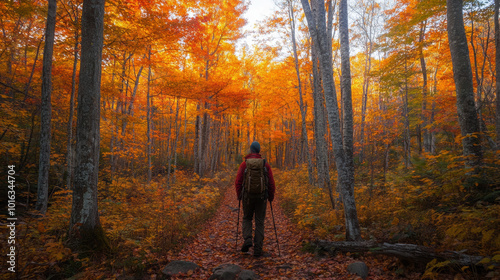 A hiker walks through an autumnal forest, surrounded by vibrant fall foliage.