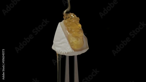 Piece of brie cheese on a fork with honey on a black background