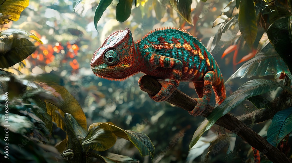 A vibrant chameleon perched on a branch in a lush tropical forest. Its colorful skin showcases a stunning array of hues, blending beautifully with the surrounding foliage. A vibrant chameleon perched on a branch in a lush tropical forest. Its colorful skin showcases a stunning array of hues, blending beautifully with the surrounding foliage.