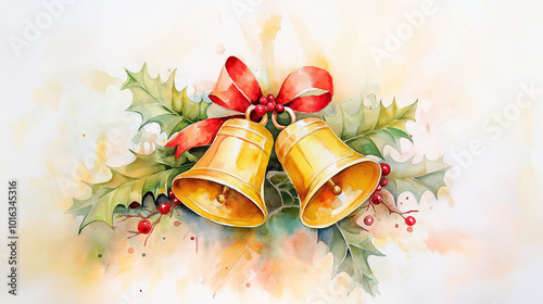 Watercolor painting of Christmas bells with holly and ribbon.