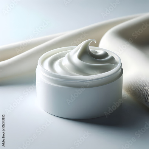 White Cream in Jar |  A white cream inside a sleek product jar, symbolizing hydration and deep skin nourishment. The smooth, rich texture of the cream is ideal for promoting skincare product.