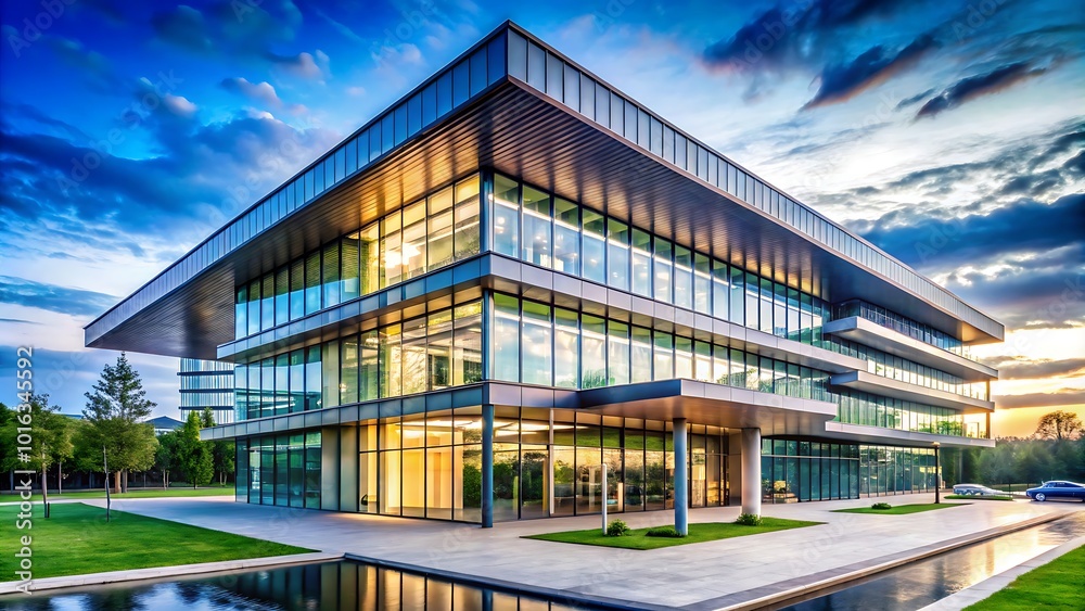 Naklejka premium Modern Glass and Metal Architectural Structure Against a Dusk Sky