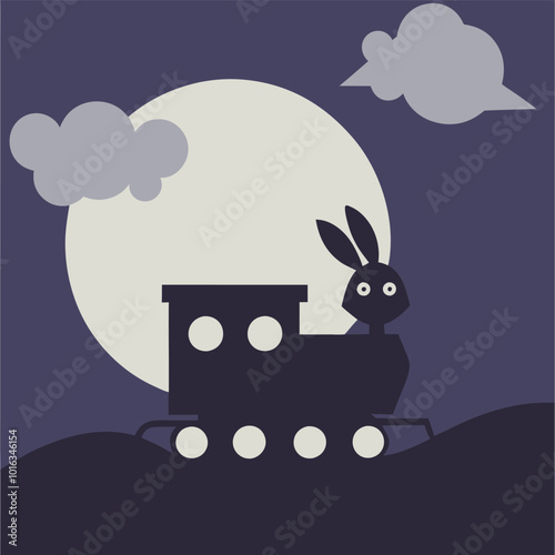 Spooky Halloween Train Under Full Moon with Flying Bats - Eerie Night Scene for Fantasy Designs