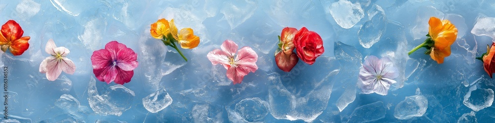 A blue background with a row of flowers in the foreground. The flowers are of different colors and sizes, and they are arranged in a way that creates a sense of movement and depth A blue background with a row of flowers in the foreground. The flowers are of different colors and sizes, and they are arranged in a way that creates a sense of movement and depth