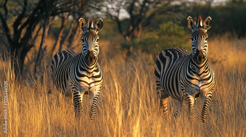 A breathtaking scene of plains zebras (Equus burchelli) gracefully grazing in the grassland at sunrise in Mokala National Park, South Africa.