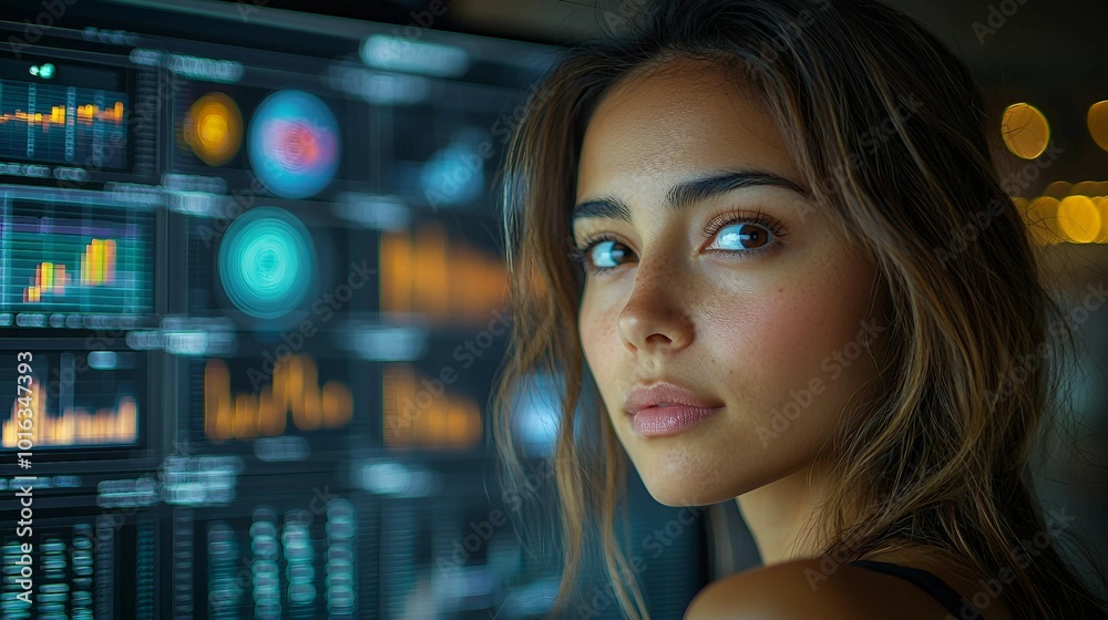Woman Looking at Data on Computer Screen Woman Looking at Data on Computer Screen