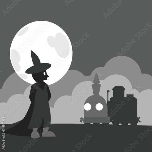 Spooky Halloween Train Under Full Moon with Flying Bats - Eerie Night Scene for Fantasy Designs
