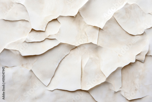 Close-up image of a textured, abstract surface that resembles layered sheets of paper or fabric with beige and off-white tones, creating a three-dimensional effect.
