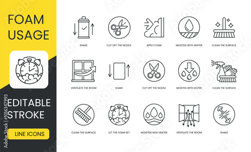 Instructions for using polyurethane foam, vector line icon set with editable stroke, Clean the surfac and moisten with water, apply foam and cut off the nozzle, shake and ventilate the room