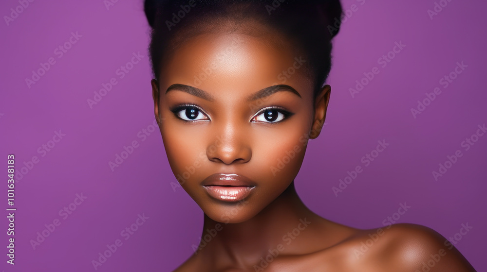 Portrait of smiling African American girl with purple background banner. Portrait of smiling African American girl with purple background banner.