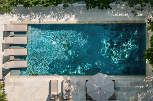 Aerial view of a pool and umbrella on sunny day