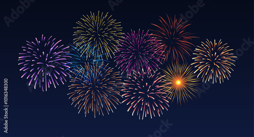 Vector decorative border with colorful exploding fireworks in the sky - celebration card, festival banner