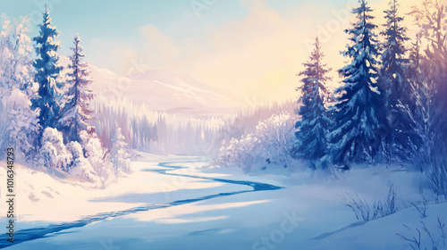 Snowy Winter Landscape with River and Pine Trees at Sunrise
