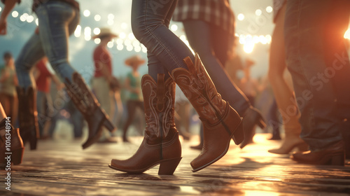 Traditional line dance showcasing detailed cowboy boots in action	 photo