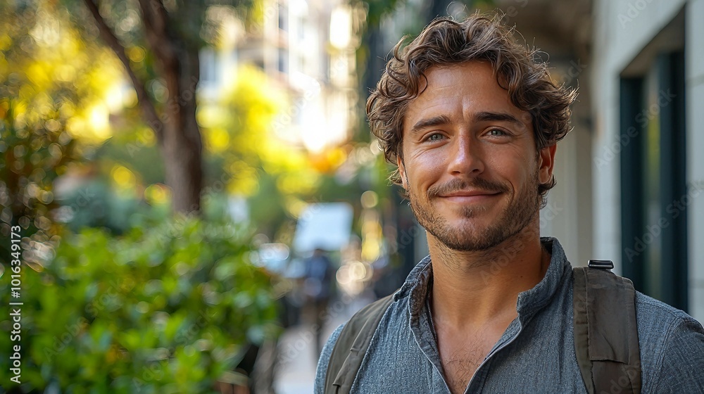 Smiling Man with Curly Hair in Urban Setting Smiling Man with Curly Hair in Urban Setting