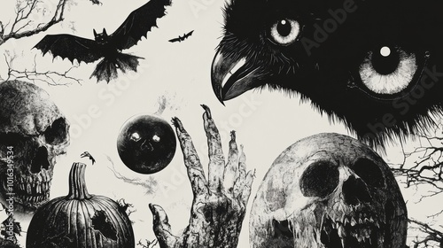 Vintage Creepy Halloween Collage with Stippling Effect and Grunge Texture photo