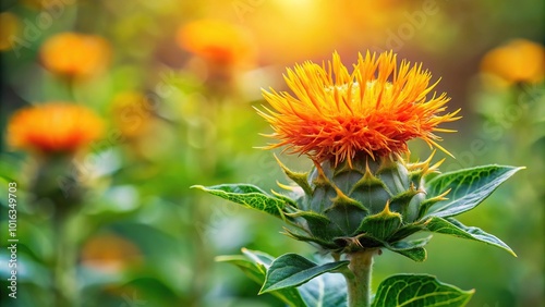 Highly branched herbaceous thistle like annual plant, safflower oil plant photo