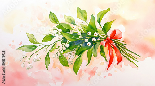 Watercolor painting of mistletoe with red bow on pastel background


