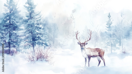 Watercolor painting of a reindeer in a snowy landscape

