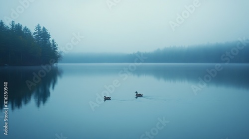 A peaceful image of two ducks swimming across the calm surface of Swift Lake, with the distant shore reflected in the water.