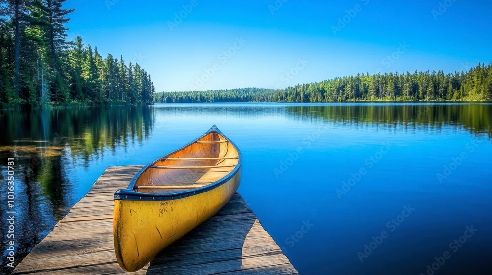 A picturesque canoe tied to a wooden dock at Swift Lake, with calm water stretching into the distance under a clear blue sky. A picturesque canoe tied to a wooden dock at Swift Lake, with calm water stretching into the distance under a clear blue sky.