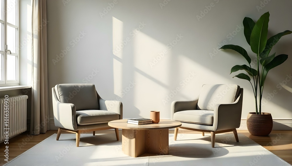 Fototapeta premium Japandi minimalist interior design of a modern living room with armchairs, a rectangular wooden coffee table with clean lines, and a tall green plant in the corner, surrounded by walls in soft beige a