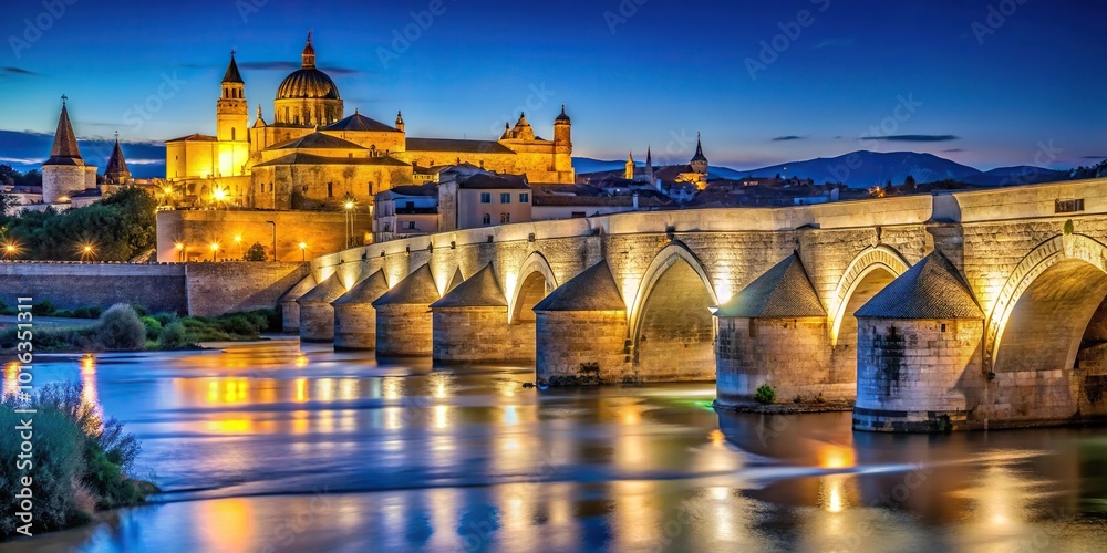 Naklejka premium Historic Roman bridge and Mezquita on a magical night in Cordoba reflected in water