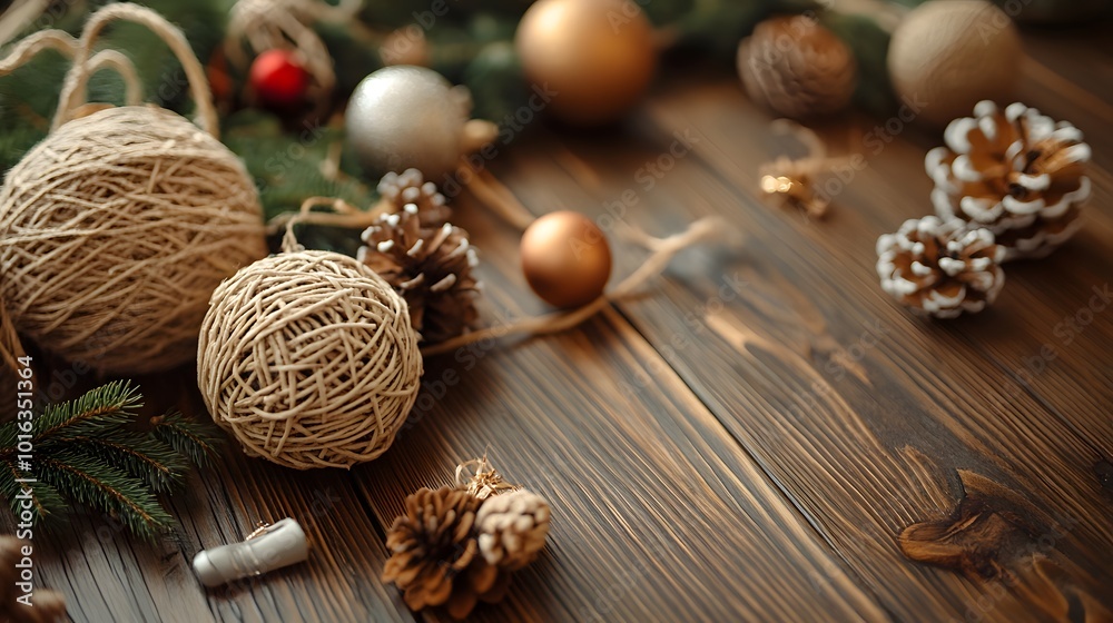 Rustic Christmas Ornaments and Pine Sprigs on a Wooden Table Rustic Christmas Ornaments and Pine Sprigs on a Wooden Table