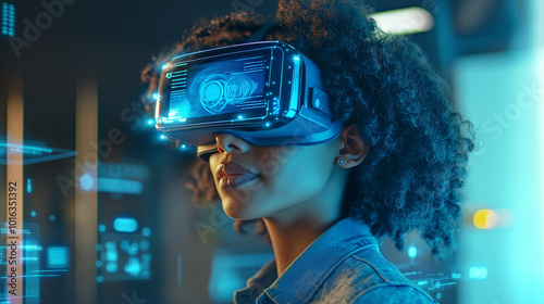 Student with VR headset and AI hologram in futuristic classroom

