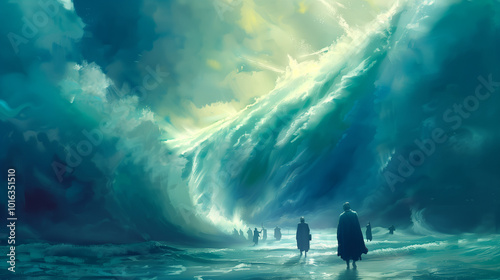 Moses leading Israelites through the parted Red Sea waters

