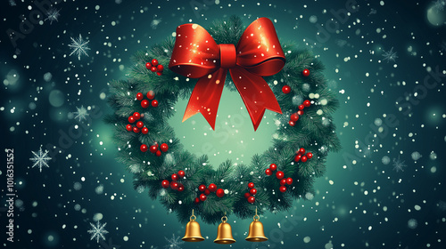 Illustration of Christmas wreath with red berries, bow, and golden bells.

