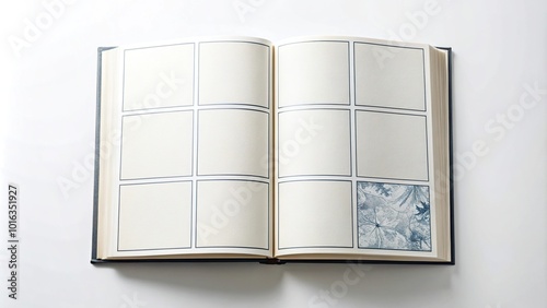 Opened Japanese comic book with leading lines on white background photo