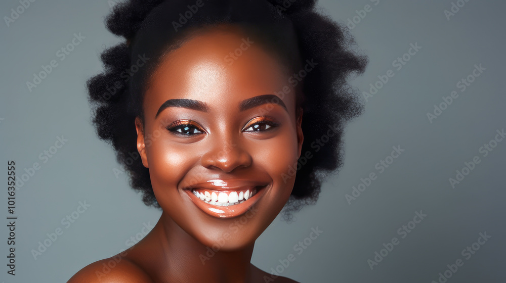 Portrait of smiling African American girl with silver background banner.