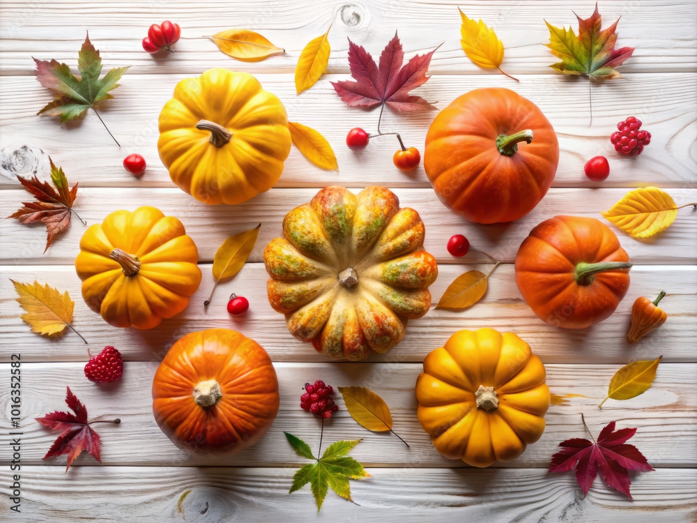 Colorful pumpkins and autumn leaves create vibrant display on white wooden background, evoking warmth and beauty of fall season Colorful pumpkins and autumn leaves create vibrant display on white wooden background, evoking warmth and beauty of fall season