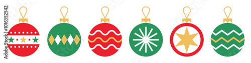 Christmas Bauble Illustrations. Set of Christmas Bauble Shapes With Geometric Designs. Christmas Ball Decoration Illustration Collection. 