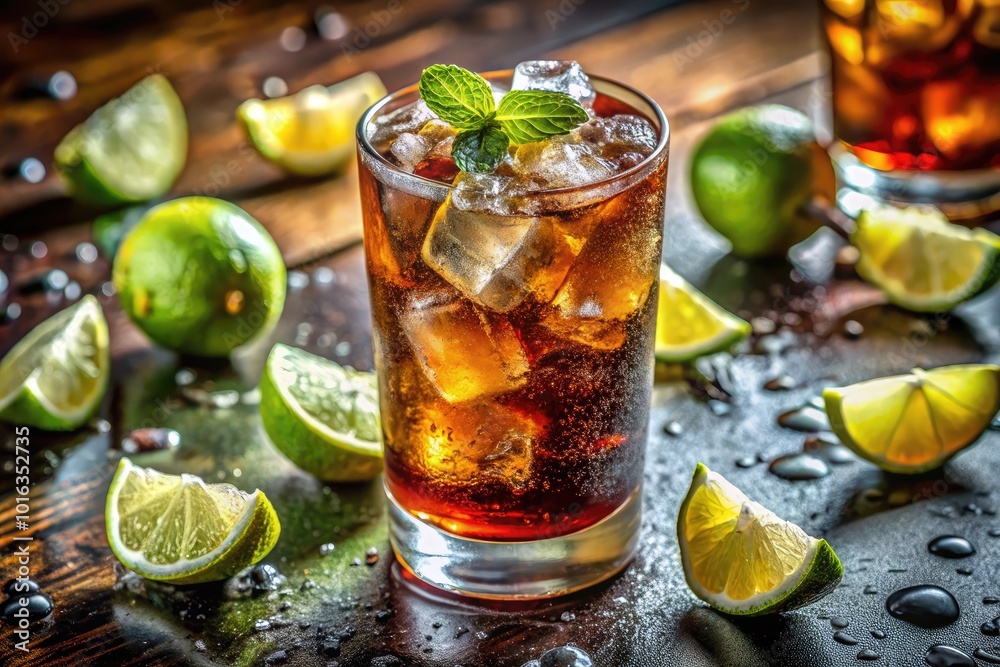 Refreshing Cold Cocktail with Cola and Lime Slices on White Background for Summer Vibes Refreshing Cold Cocktail with Cola and Lime Slices on White Background for Summer Vibes